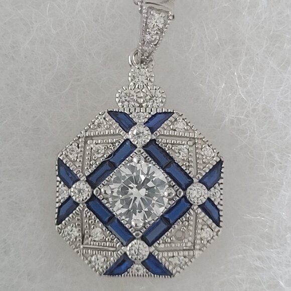 NWT-Silver Sapphire CZ Necklace-Silver 16" Chain Beautiful Piece! -Read Descript - Picture 4 of 9